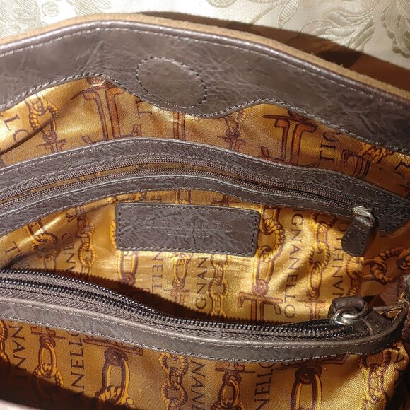 Tignanello Leather Suede Tan Black Brown Suede Shoulder Bag Silver Dual Pockets - Picture 2 of 10